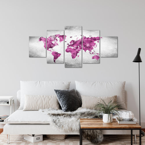 Runa Art Wandbilder Weltkarte 5 Teilig Bild auf Vlies Leinwand Deko Büro Wohnzimmer Vintage Rosa Grau 013352c