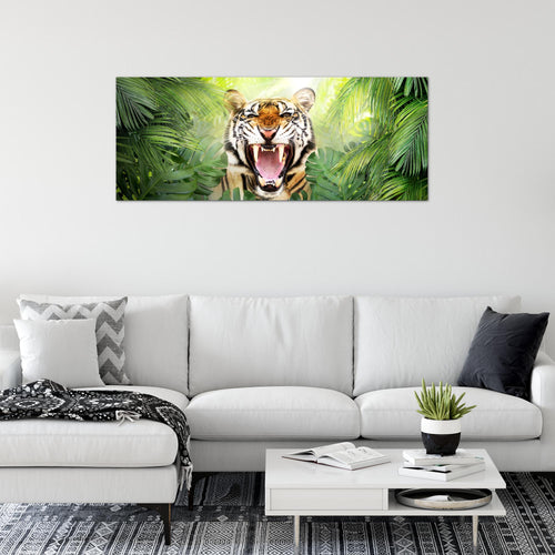 Runa Art Wandbild Tieger Abstrakt 1 Teilig 100 x 40 cm Modern Bild auf Vlies Leinwand Tiere Wohnzimmer Schlafzimmer Grün Orange 037512a