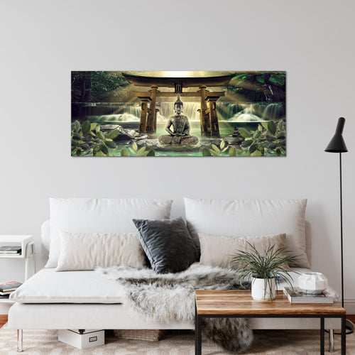 Runa Art Wandbild Feng Shui Buddha 1 Teilig 100 x 40 cm Modern Bild auf Vlies Leinwand Spa Wohnzimmer Schlafzimmer Grün Braun 036412a
