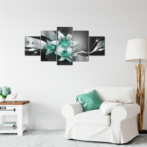 Runa Art Wandbilder Blumen Lilien 5 Teilig Bild auf Vlies Leinwand Deko Wohnzimmer Abstrakt Schwarz Türkis 039652b