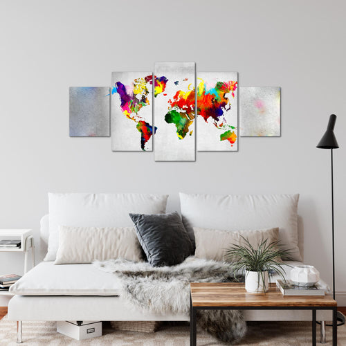 Runa Art Wandbilder Weltkarte 5 Teilig Bild auf Vlies Leinwand Deko Büro Wohnzimmer Kontinente Beton Bunt 108852a