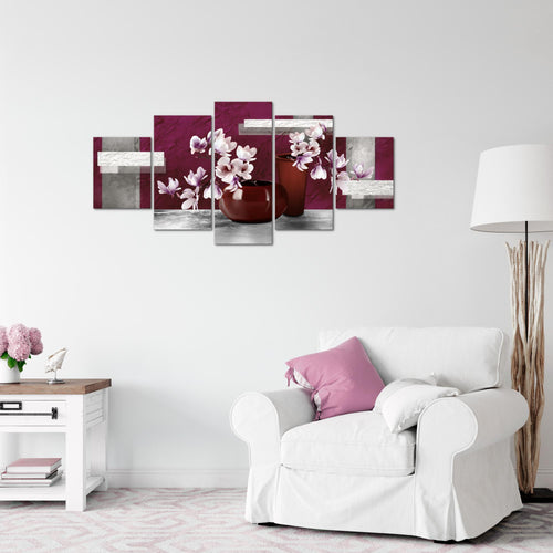 Runa Art Wandbilder Blumen Abstrakt 5 Teilig Bild auf Vlies Leinwand Deko Wohnzimmer Blumenvase Grau Rot 035252a