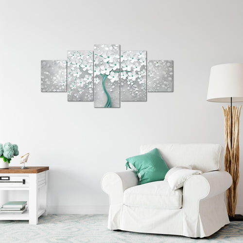 Runa Art Wandbilder Blumen 5 Teilig Bild auf Vlies Leinwand Deko Wohnzimmer Abstrakt Baum Weiss Türkis 039752b