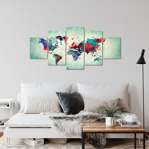 Runa Art Wandbilder Weltkarte 5 Teilig Bild auf Vlies Leinwand Deko Büro Wohnzimmer Kontinente Bunt Grün 105152b