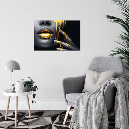 Runa Art Bild Lippen Gold Schwarz Modern Wandbilder Wohnzimmer Schlafzimmer 1 Teilig - Made In Germany - Kosmetik Fashion Frau Flur 041515a
