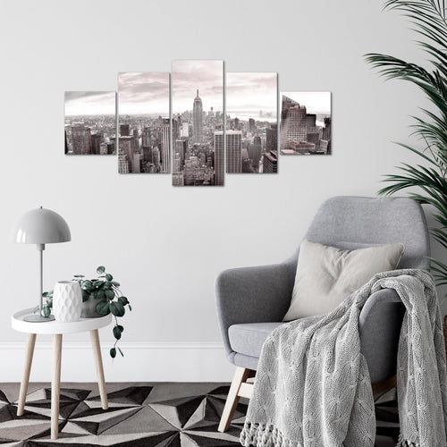 Runa Art Wandbilder New York Skyline 5 Teilig Bild auf Vlies Leinwand Deko Wohnzimmer Büro USA Grau Rosa 010252b