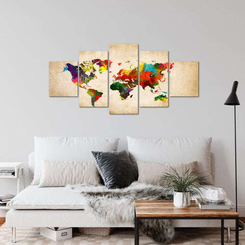 Runa Art Wandbilder Weltkarte 5 Teilig Bild auf Vlies Leinwand Deko Büro Wohnzimmer Kontinente Landkarte Bunt 105152a