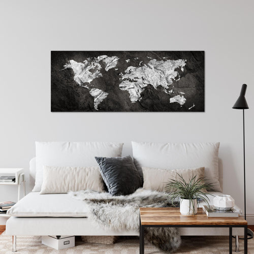 Runa Art Wandbild Weltkarte 1 Teilig 100 x 40 cm Modern Bild auf Vlies Leinwand Kontinente Büro Wohnzimmer Schwarz Weiss 002912a