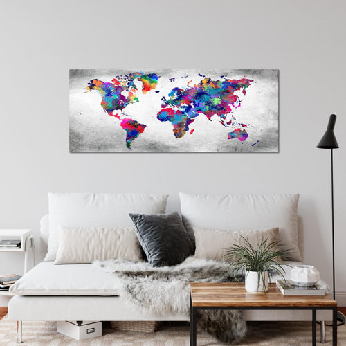 Runa Art Wandbild Weltkarte 1 Teilig 100 x 40 cm Modern Bild auf Vlies Leinwand Vintage Kontinente Büro Wohnzimmer Bunt 013312b