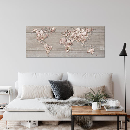 Runa Art Wandbild Weltkarte Blumen 1 Teilig 100 x 40 cm Modern Bild auf Vlies Leinwand Holzwand Wohnzimmer Beige Braun 023212c