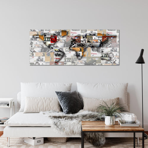 Runa Art Wandbild Weltkarte Banksy Collage 1 Teilig 100 x 40 cm Modern Bild auf Vlies Leinwand Pop Art Loft Wohnzimmer Bunt 104512a