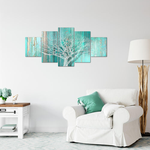 Runa Art Wandbilder Baum Abstrakt 5 Teilig Bild auf Vlies Leinwand Deko Wohnzimmer Holzmotiv Türkis Grau 039952c