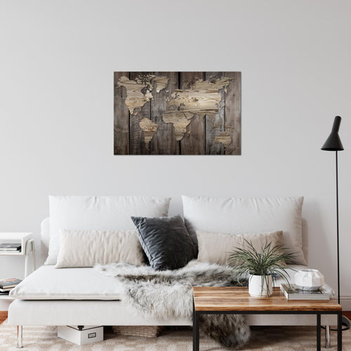 Runa Art Bild Weltkarte Modern Wandbilder Büro Wohnzimmer 1 Teilig - Made In Germany - Holzoptik Beige Braun Flur 035015b