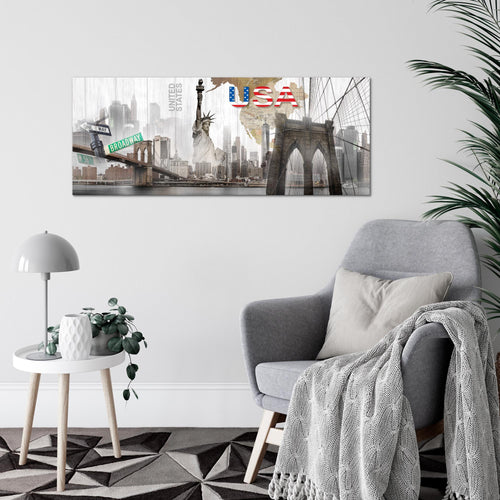 Runa Art Wandbild New York 1 Teilig 100 x 40 cm Modern Bild auf Vlies Leinwand USA Freiheitsstatue Wohnzimmer Büro Bunt 034712a