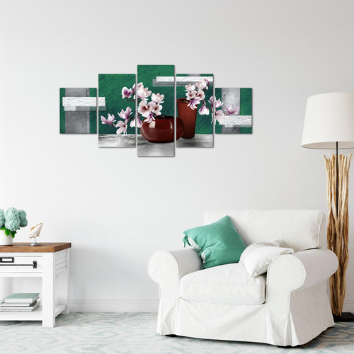 Runa Art Wandbilder Blumen Abstrakt 5 Teilig Bild auf Vlies Leinwand Deko Wohnzimmer Blumenvase Türkis Grau 035252b