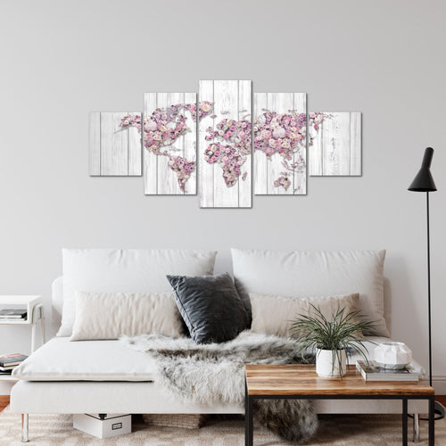 Runa Art Wandbilder Weltkarte Blumen 5 Teilig Bild auf Vlies Leinwand Deko Wohnzimmer Holz Rosa Grau 023252b