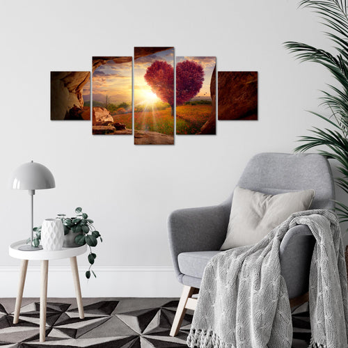Runa Art Wandbilder Natur Gebirge 5 Teilig Bild auf Vlies Leinwand Deko Wohnzimmer Schlafzimmer Baum Herz Beige Rosa 607652c