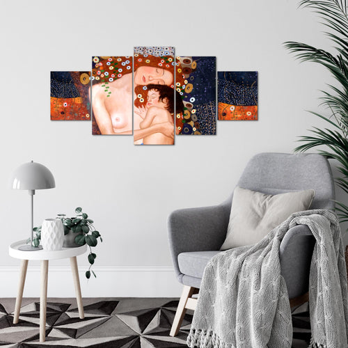 Runa Art Wandbilder Gustav Klimt Mutter und Kind 5 Teilig Bild auf Vlies Leinwand Deko Wohnzimmer Frau Braun 700252a