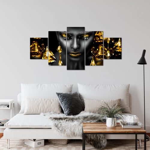 Runa Art Wandbilder Frau Gesicht Lippen 5 Teilig Bild auf Vlies Leinwand Deko Wohnzimmer Schlafzimmer Kosmetik Fashion Schwarz Gold 042152c