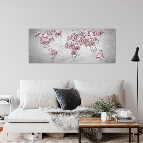 Runa Art Wandbild Weltkarte Blumen 1 Teilig 100 x 40 cm Modern Bild auf Vlies Leinwand Steinwand Wohnzimmer Grau Rosa 023212a