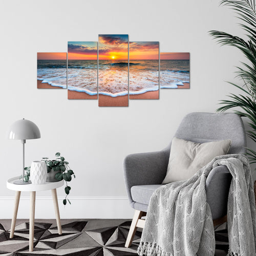 Runa Art Wandbilder Strand Meer 5 Teilig Bild auf Vlies Leinwand Deko Wohnzimmer Schlafzimmer Sonnenuntergang Orange 044552a