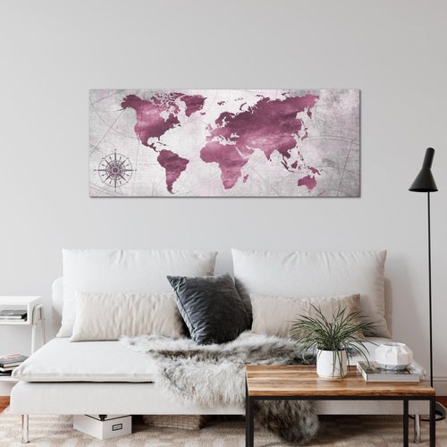 Runa Art Wandbild Weltkarte 1 Teilig 100 x 40 cm Modern Bild auf Vlies Leinwand Vintage Antik Büro Wohnzimmer Pink 026012b