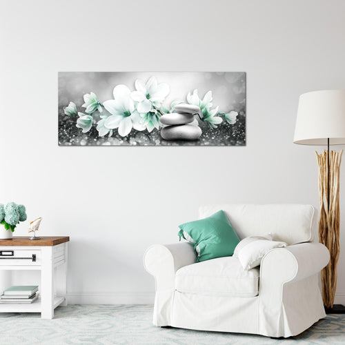 Runa Art Wandbild Blumen Magnolien 1 Teilig 100 x 40 cm Modern Bild auf Vlies Leinwand Abstrakt Wohnzimmer Grau Türkis 035412b