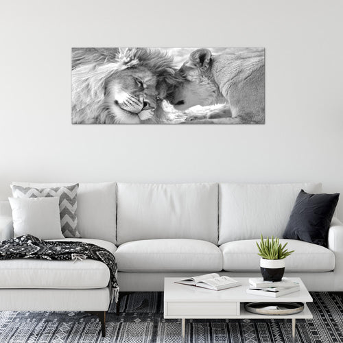 Runa Art Wandbild Löwen Liebe 1 Teilig 100 x 40 cm Modern Bild auf Vlies Leinwand Löwen Familie Wohnzimmer Schlafzimmer Schwarz Weiss 002112c