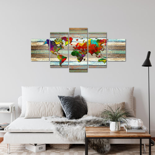 Runa Art Wandbilder Weltkarte 5 Teilig Bild auf Vlies Leinwand Deko Büro Wohnzimmer Vintage Holz Bunt 105452a