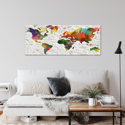 Runa Art Wandbild Weltkarte 1 Teilig 100 x 40 cm Modern Bild auf Vlies Leinwand Steinwand Büro Wohnzimmer Grau Bunt 106912b