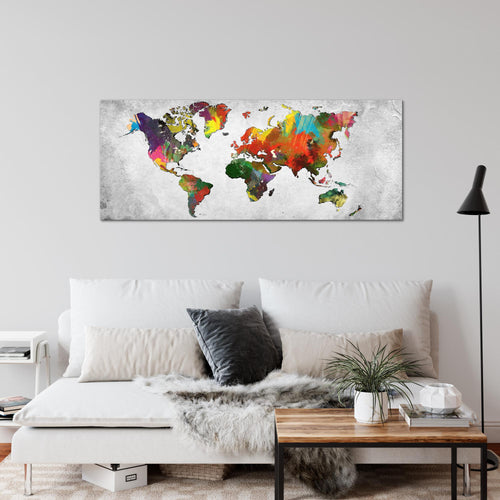 Runa Art Wandbild Weltkarte 1 Teilig 100 x 40 cm Modern Bild auf Vlies Leinwand Landkarte Beton Büro Wohnzimmer Bunt 105112c
