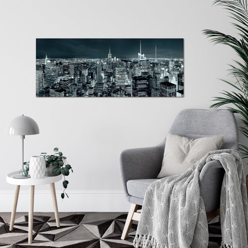 Runa Art Wandbild New York Skyline 1 Teilig 100 x 40 cm Modern Bild auf Vlies Leinwand USA Wohnzimmer Büro Türkis Blau 036212b
