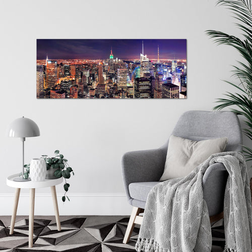 Runa Art Wandbild New York Skyline 1 Teilig 100 x 40 cm Modern Bild auf Vlies Leinwand Städte Wohnzimmer Büro Violett Lila 036212a