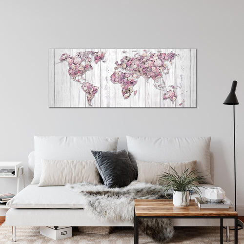Runa Art Wandbild Weltkarte Blumen 1 Teilig 100 x 40 cm Modern Bild auf Vlies Leinwand Vintage Wohnzimmer Grau Rosa 023212b