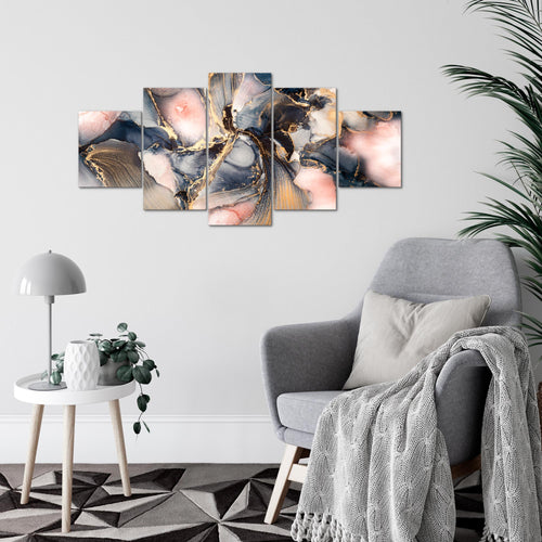 Runa Art Wandbilder Abstrakt 5 Teilig Bild auf Vlies Leinwand Deko Wohnzimmer Schlafzimmer Pastel blau rosa Gold 043852a
