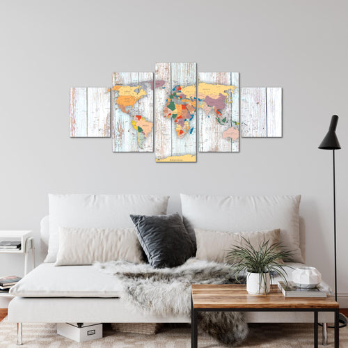 Runa Art Wandbilder Weltkarte Holz 5 Teilig Bild auf Vlies Leinwand Deko Büro Wohnzimmer Landkarte Weiss 108752b
