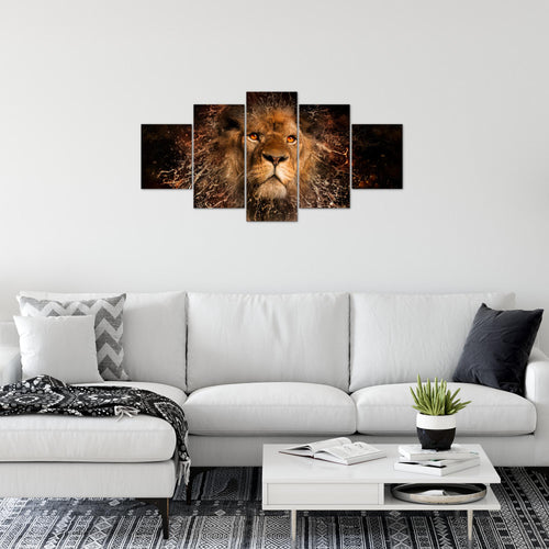Runa Art Wandbilder Afrika Löwe 5 Teilig Bild auf Vlies Leinwand Deko Wohnzimmer Schlafzimmer Abstrakt Tiere Schwarz Gold 040752a
