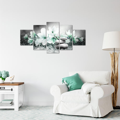 Runa Art Wandbilder Blumen Magnolien 5 Teilig Bild auf Vlies Leinwand Deko Wohnzimmer Abstrakt Grau Türkis 035452b