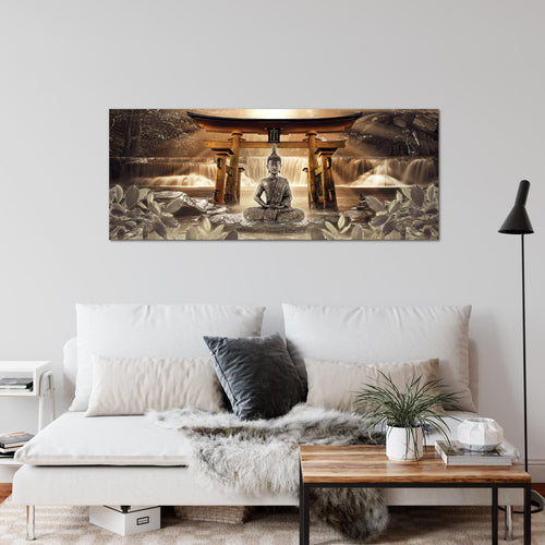 Runa Art Wandbild Feng Shui Buddha 1 Teilig 100 x 40 cm Modern Bild auf Vlies Leinwand Wellness Zen Wohnzimmer Schlafzimmer Braun 036412b
