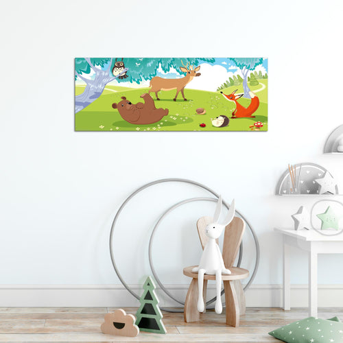 Runa Art Wandbild Kinderzimmer Wald 1 Teilig 100 x 40 cm Modern Bild auf Vlies Leinwand Waldtiere Babyzimmer Spielzimmer Grün 001812c