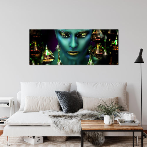 Runa Art Wandbild Frau Gesicht Lippen 100 x 40 cm Modern Bild auf Vlies Leinwand Kosmetik Fashion Wohnzimmer Schlafzimmer Türkis Gold 042112a