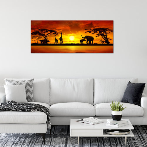 Runa Art Wandbild Afrika 100 x 40 cm Modern Bild auf Vlies Leinwand Orange Wohnzimmer Schlafzimmer Büro Sonnenuntergang 000212a