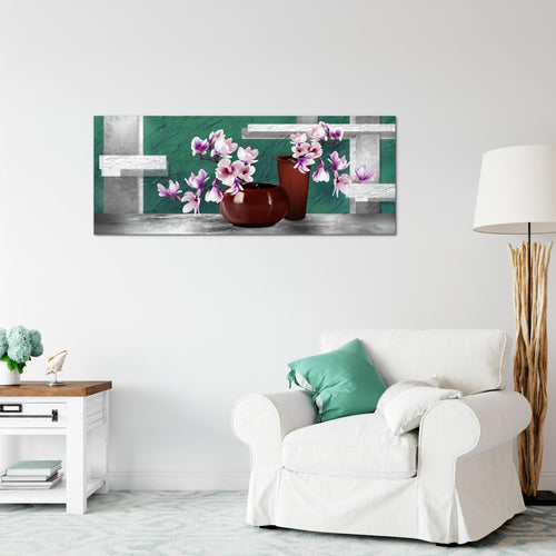 Runa Art Wandbild Blumen Abstrakt 1 Teilig 100 x 40 cm Modern Bild auf Vlies Leinwand Blumenvase Wohnzimmer Türkis Grau 035212b