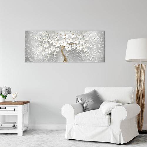 Runa Art Wandbild Blumen 1 Teilig 100 x 40 cm Modern Bild auf Vlies Leinwand Abstrakt Baum Wohnzimmer Weiss Gold 039712a