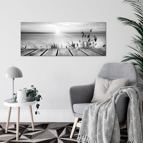 Runa Art Wandbild Brücke Am See 1 Teilig 100 x 40 cm Modern Bild auf Vlies Leinwand Landschaft Wohnzimmer Schlafzimmer Schwarz Weiss 034312c