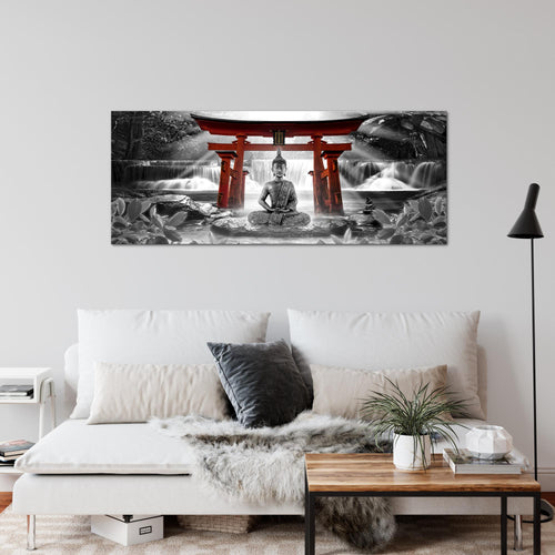 Runa Art Wandbild Feng Shui Buddha 1 Teilig 100 x 40 cm Modern Bild auf Vlies Leinwand Zen Wohnzimmer Schlafzimmer Rot Grau 036412c