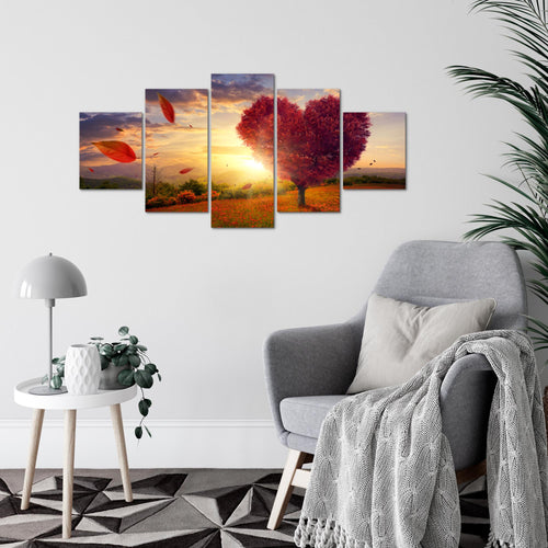 Runa Art Wandbilder Herbst Baum Herz 5 Teilig Bild auf Vlies Leinwand Deko Wohnzimmer Schlafzimmer Natur Rot Blau 605852a
