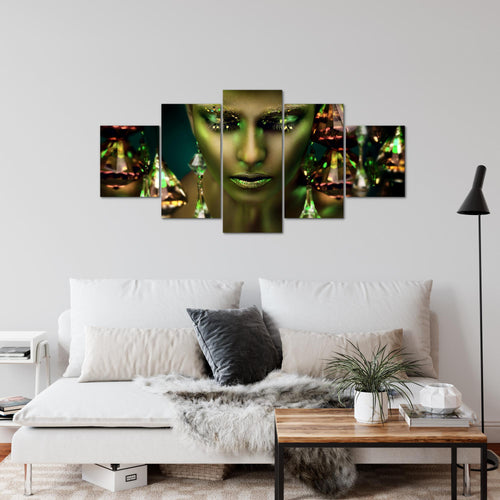 Runa Art Wandbilder Frau Gesicht Lippen 5 Teilig Bild auf Vlies Leinwand Deko Wohnzimmer Schlafzimmer Kosmetik Fashion Grün Gold 042152b