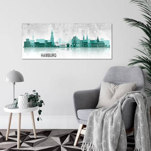 Runa Art Wandbild Hamburg 1 Teilig 100 x 40 cm Modern Bild auf Vlies Leinwand Abstrakt Wohnzimmer Schlafzimmer Türkis Grau 035912b