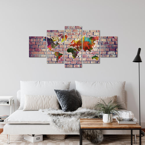 Runa Art Wandbilder Weltkarte 3D Effekt 5 Teilig Bild auf Vlies Leinwand Deko Büro Wohnzimmer Ziegel Bunt Braun 106952c